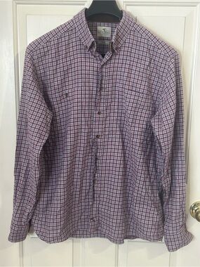 Genteal Mens Flannel Button Down Shirt Large Maroon Grey Check Plaid Long Sleeve